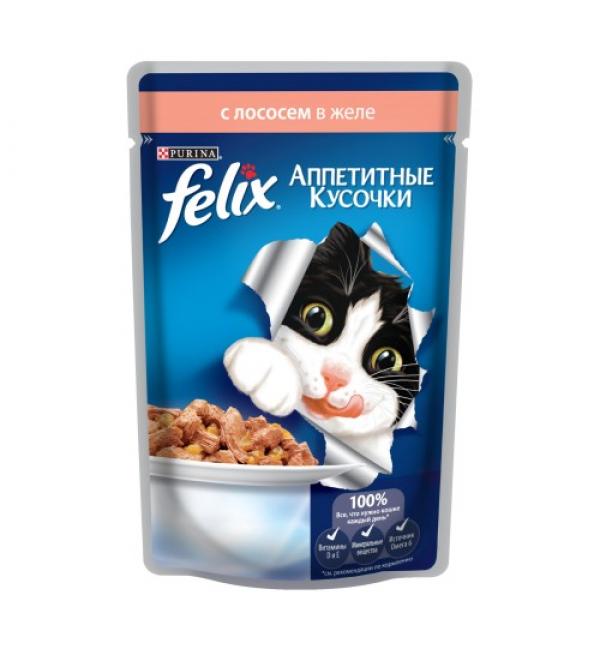 Влажный корм FELIX Аппетитные кусочки для взрослых кошек, с лососем в желе (0,085 кг)