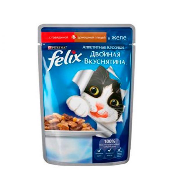 Влажный корм FELIX Аппетитные кусочки Двойная вкуснятина для взрослых кошек, с говядиной и домашней птицей в желе (0,085 кг)