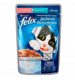 Влажный корм FELIX Аппетитные кусочки Двойная вкуснятина для взрослых кошек, с лососем и форелью в желе (0,085 кг)