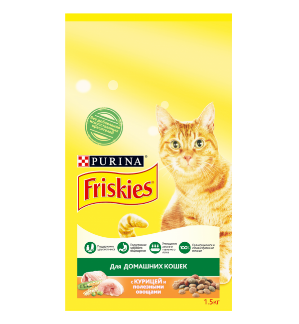 Сухой корм Friskies для домашних кошек, с курицей и садовой зеленью (1,5 кг)