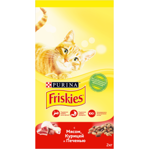 Сухой корм Friskies для взрослых кошек, мясное ассорти с мясом, курицей и печенью (2 кг)