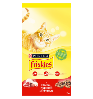 Сухой корм Friskies для взрослых кошек, мясное ассорти с мясом, курицей и печенью (2 кг)