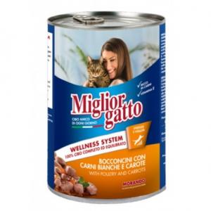 Консервы Miglior gatto Poultry/Carrots для кошек, кусочки с курицей и морковью в соусе (0,405 кг)