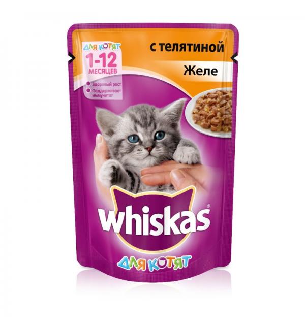 Влажный корм Whiskas для котят от 1 до 12 месяцев, желе с телятиной (0,085 кг)