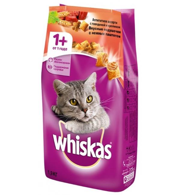Сухой корм Whiskas для взрослых кошек (подушечки с говядиной и кроликом)