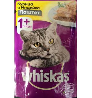 Влажный корм Whiskas для взрослых кошек, паштет с курицей и индейкой (0,085 кг)