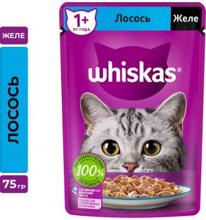 Влажный корм Whiskas для взрослых кошек, желе с лососем (75 гр)