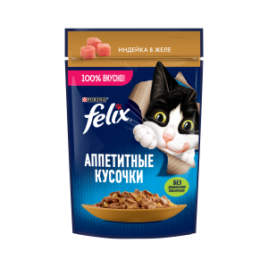Влажный корм Felix Аппетитные кусочки для взрослых кошек, с индейкой в желе (0,075 кг)