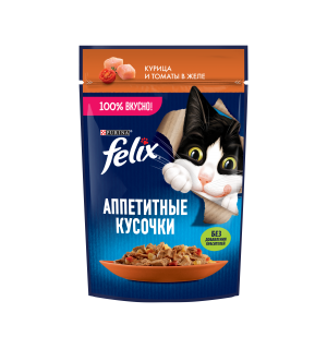 Влажный корм Felix Аппетитные кусочки для взрослых кошек, с курицей и томатами в желе (0,075 кг)