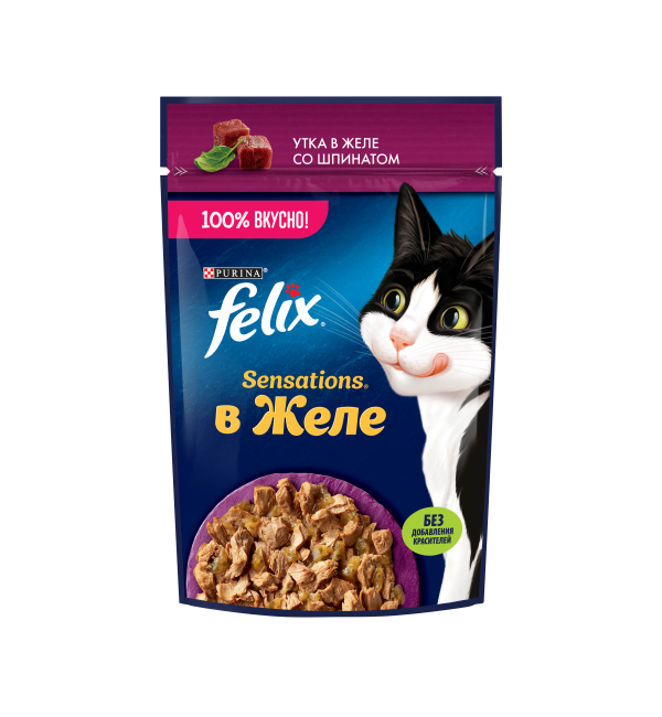 Влажный корм Felix Sensations для взрослых кошек, с уткой в желе со шпинатом (0,075 кг)