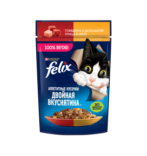 Влажный корм Felix Аппетитные кусочки. Двойная вкуснятина для взрослых кошек, с говядиной и домашней птицей в желе (0,075 кг)
