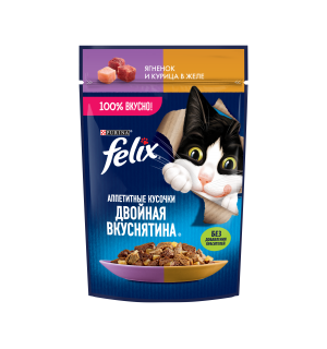 Влажный корм Felix Аппетитные кусочки. Двойная вкуснятина для взрослых кошек, с ягненком и курицей в желе (0,075 кг)