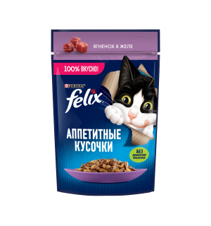 Влажный корм Felix Аппетитные кусочки для взрослых кошек, с ягненком в желе (0,075 кг)