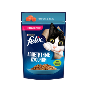 Влажный корм Felix Аппетитные кусочки для взрослых кошек, с форелью в желе (0,075 кг)