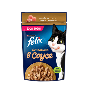 Влажный корм Felix Sensations для взрослых кошек, с индейкой в соусе со вкусом бекона (0,075 кг)