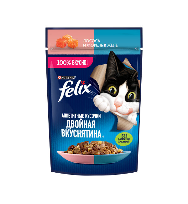 Влажный корм Felix Аппетитные кусочки. Двойная Вкуснятина для взрослых кошек, с лососем и форелью в желе (0,075 кг)