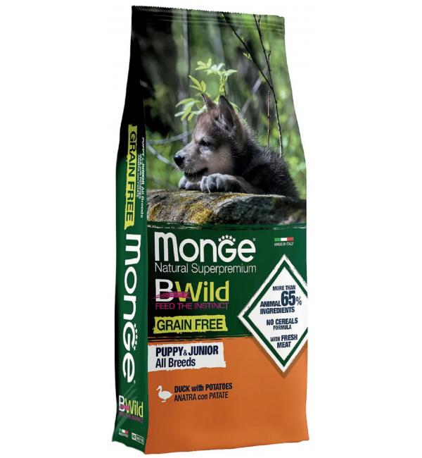 Сухой беззерновой корм Monge Dog GrainFree для щенков, утка с картофелем (12 кг)