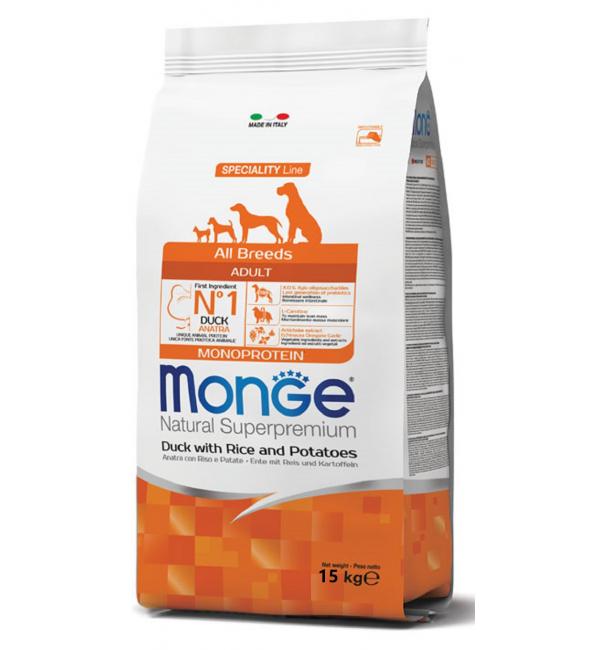 Сухой корм Monge Dog Monoprotein для взрослых собак всех пород, с уткой, рисом и картофелем (12кг)