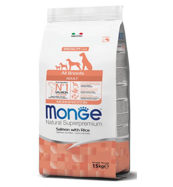 Сухой корм Monge Dog Monoprotein для взрослых собак всех пород, с лососем и рисом (12 кг)