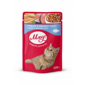 Влажный корм Мяу! для взрослых кошек, с рыбой в нежном соусе (0,1 кг)